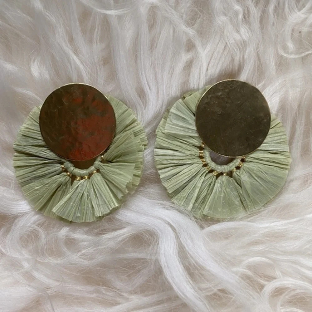 Anthropologie Green and Gold Raffia Earrings